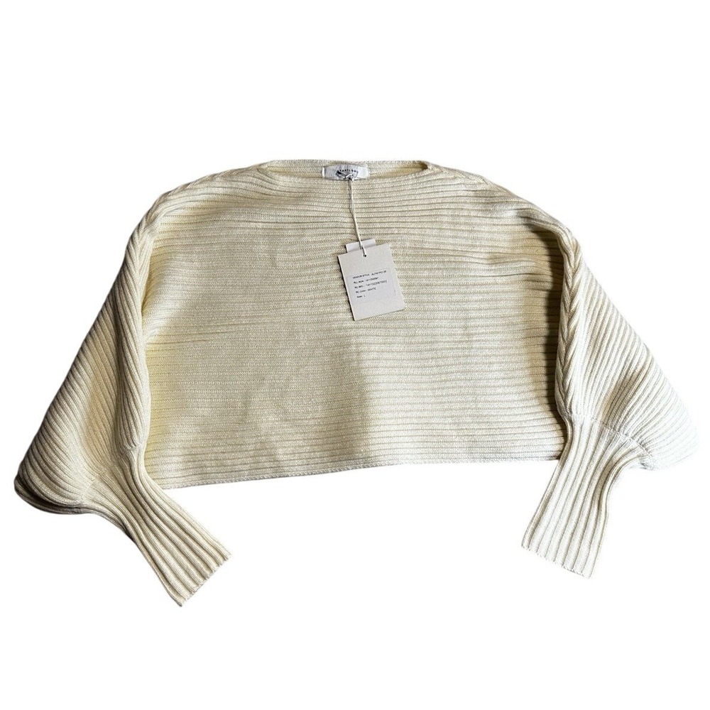 Avantlook Womens White Ribbed Cropped Dolman Sleeve Boat Neck Sweater
